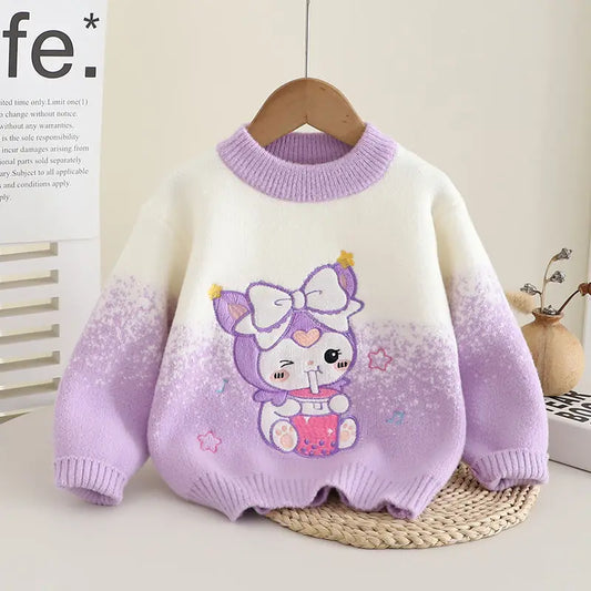 Girls Trend Sweater 2024 New Autumn and Winter Outfit Knit Pullover Sweater Girls Cartoon Kuromi Tops Children Casual Base Shirt