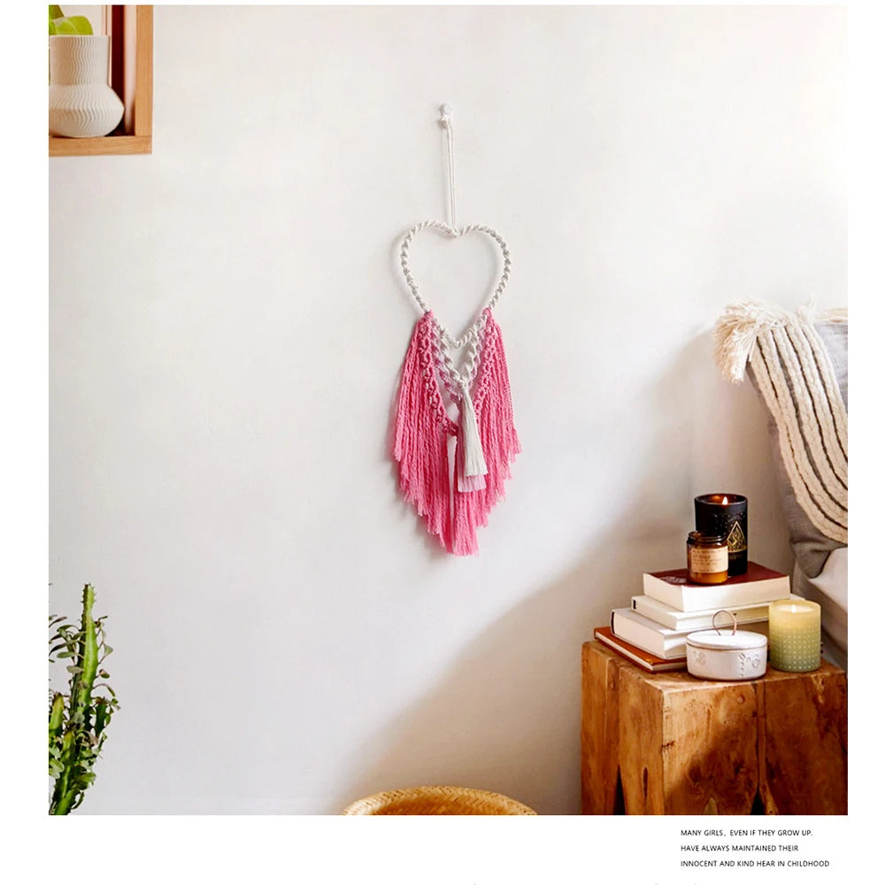 Heart-shaped Macrame Wall Art Boho Home Decor Handmade Woven Pink Love Wall Hanging Tapestry Ornaments for Girls Room Decoration