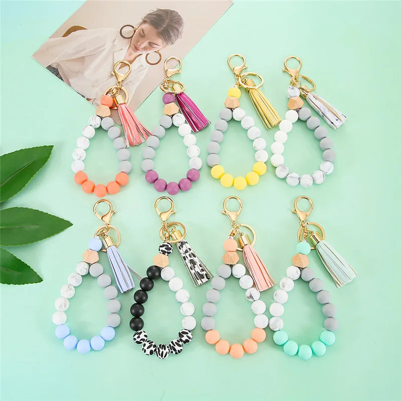 Hemasa  Silicone Beads with  Tassel Keychain Lobster Clasp  Pendant Keyring  /Bracelet  For Women