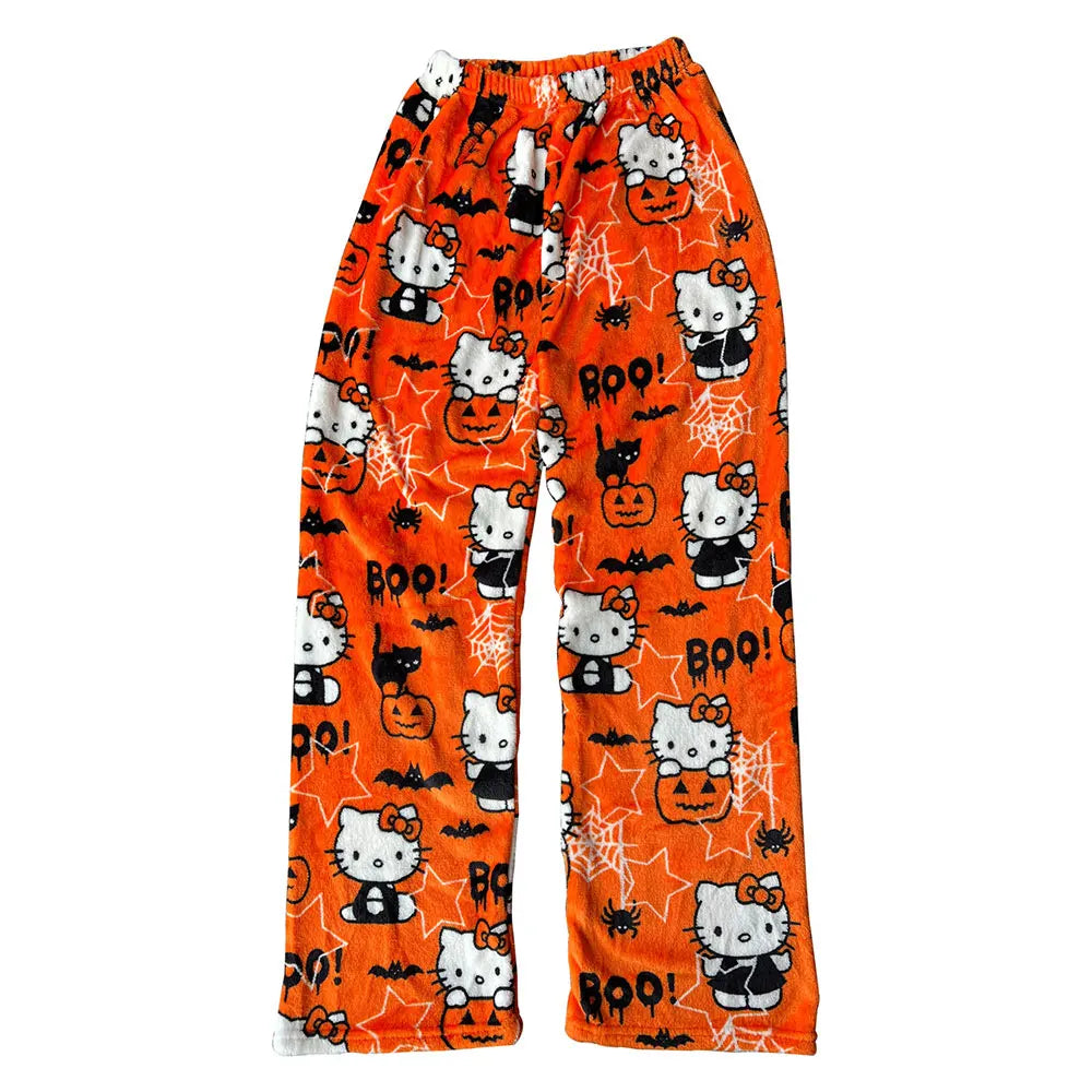 Hemasa  Hello Kitty Flannel Pajamas Black Women'S Warm Woolen Cartoon Casual Home Pants In Autumn Winter Fashion Trousers