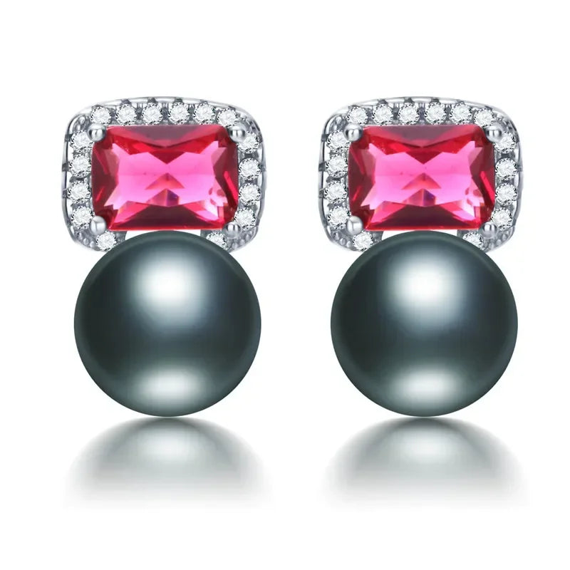 High Quality Red Zircon 925 Sterling Silver Earrings Jewelry 100% Genuine Natural Freshwater Pearl Stud Earrings for Women