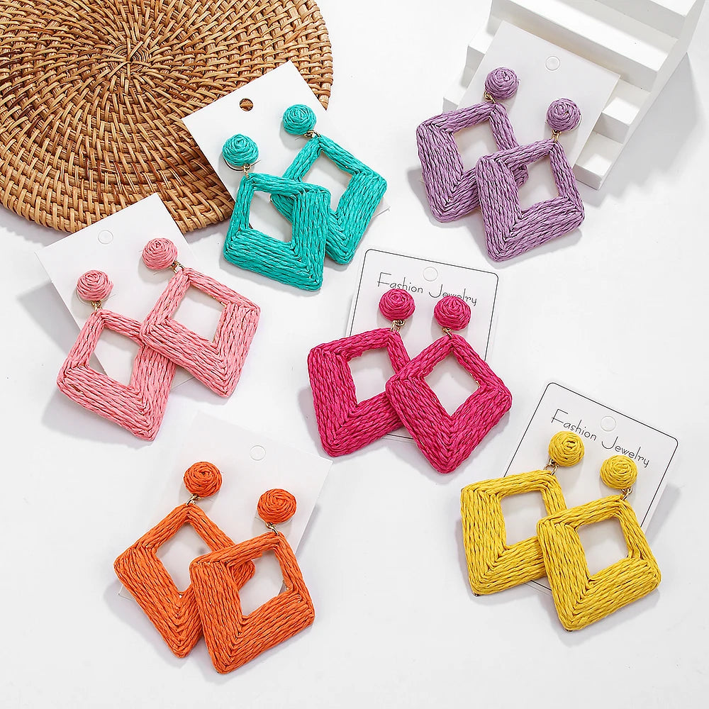 Hemasa Bohemian Geometric Raffia Drop Earrings for Women  Colorful Beach Rattan Dangle Earrings