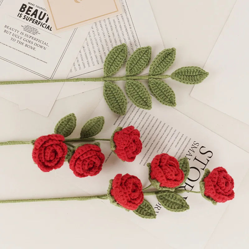 Hemasa 3PC Rose Knit Flower Creative Crochet Flowers Bouquet Crochet Woven Flowers Wedding Decor Gift Home Decor