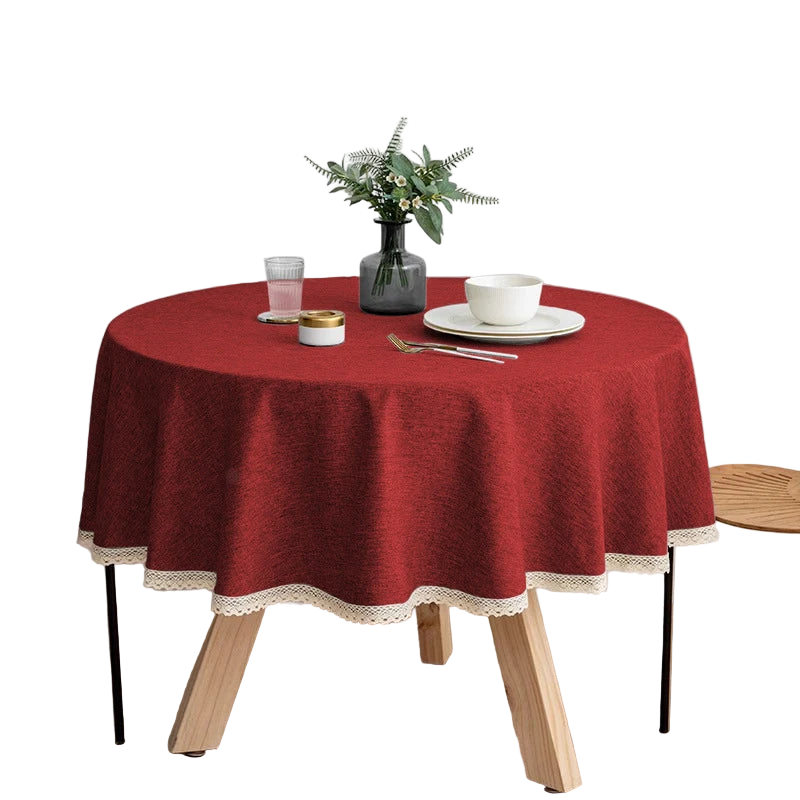 Tejesa Round Solid Color Faux Linen Tablecloth with Lace Trim-Waterproof/Spill Proof/Stain Resistant/Oil Proof-for Banquet,Parties