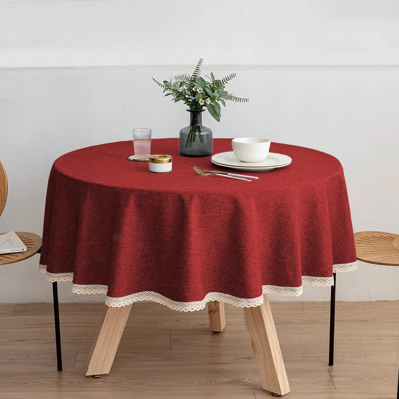 Tejesa Round Solid Color Faux Linen Tablecloth with Lace Trim-Waterproof/Spill Proof/Stain Resistant/Oil Proof-for Banquet,Parties