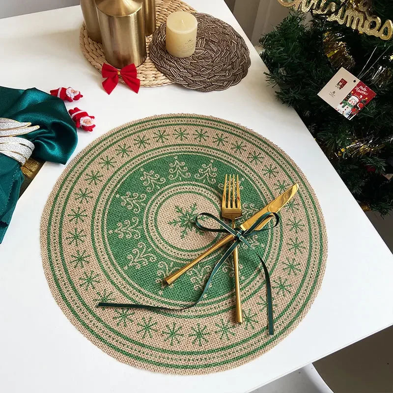 Christmas Retro Jute Placemat Round Printed Woven Dining Table Mat with Wool Ball Heat-Resistant Home Decorative Coffee Cup Mats