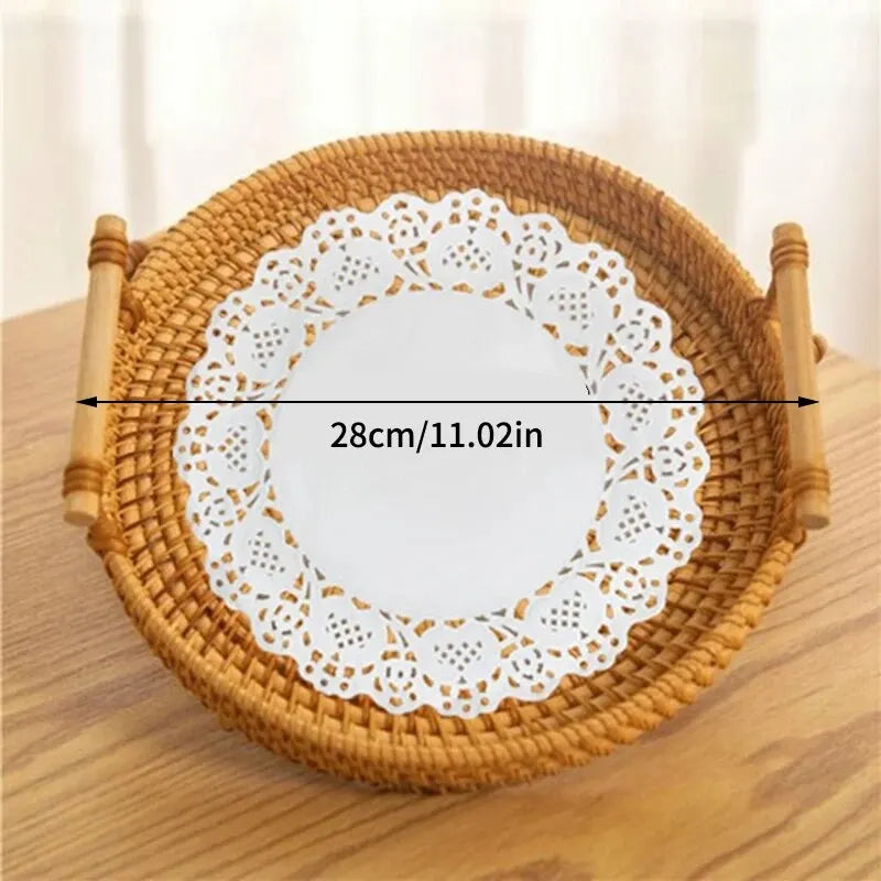 Hemasa 1PC Rattan Bread Storage Woven Snacks Fruit Round Tray Picnic Binaural Tray Living Room Table Finishing