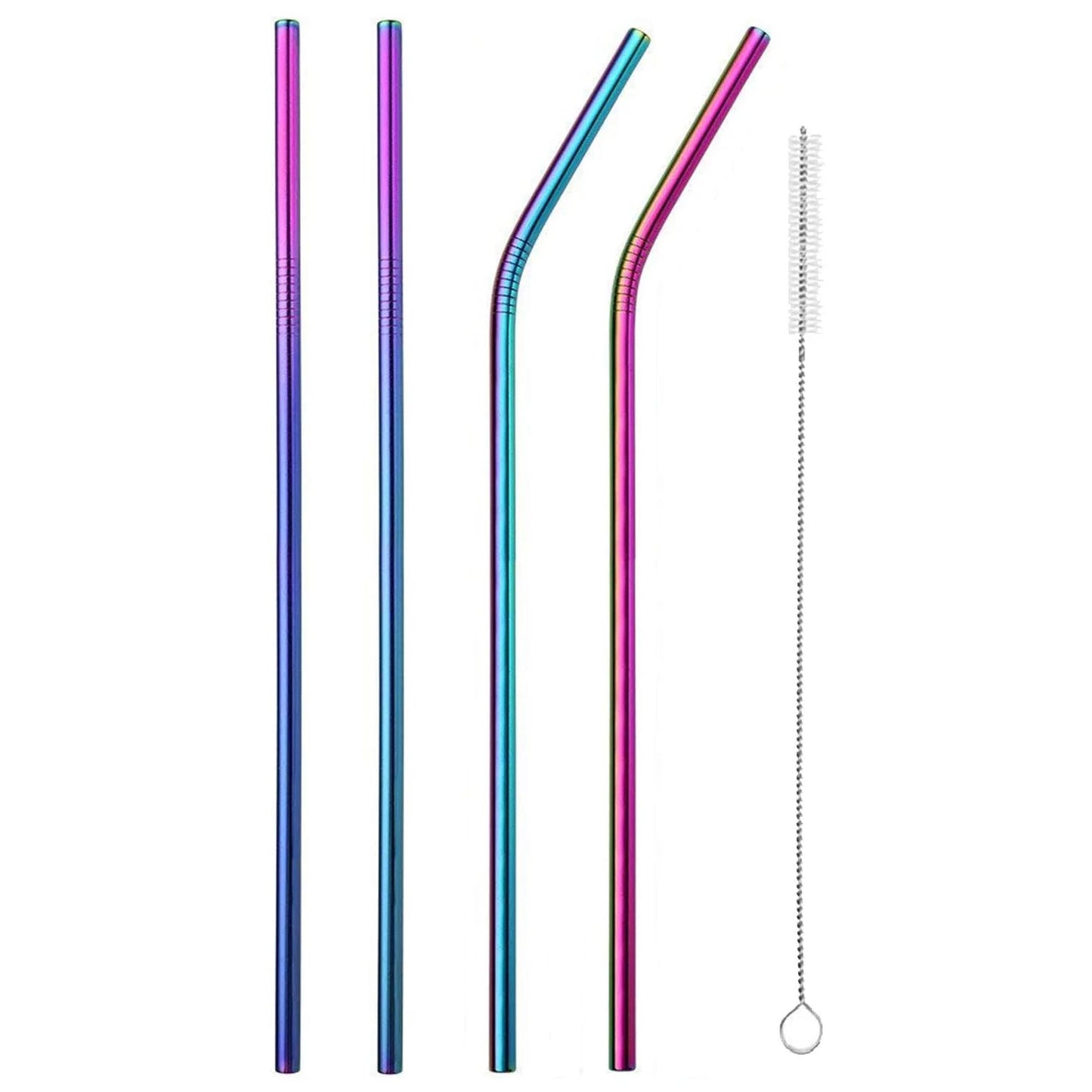 Hemasa Set of 4 Reusable Metal Straws Rainbow Color, Long Stainless Steel Straw with Cleaning Brushes-2 Straight 2 Bent+1 Brush
