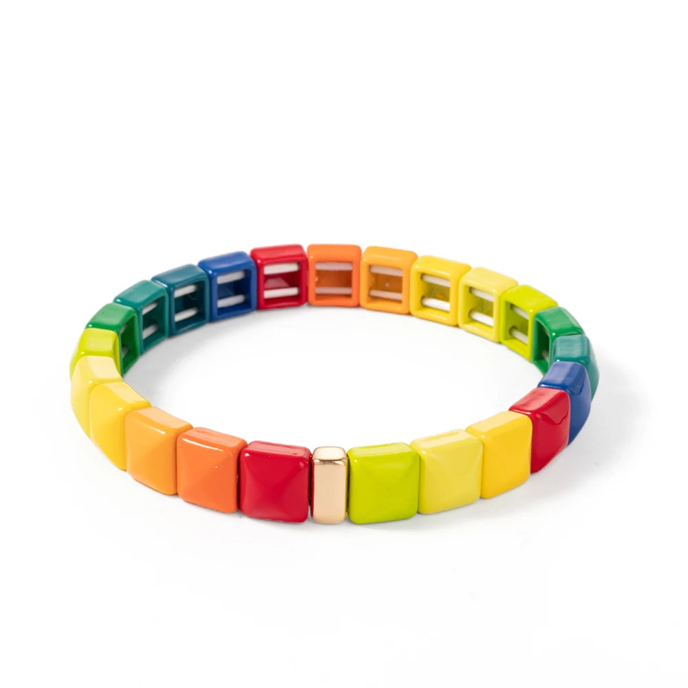 Tejesa Colorful Enamel Square Shape Rhombus Faced Bohemain Geometric Elastic Bracelets For Women