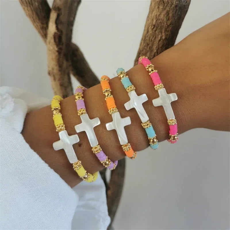 CCGOOD Natural Shell Cross Bracelets for Women Multi-color Heishi Bracelet Boho Christian Jewelry Clay Beads Elastic Pulseras