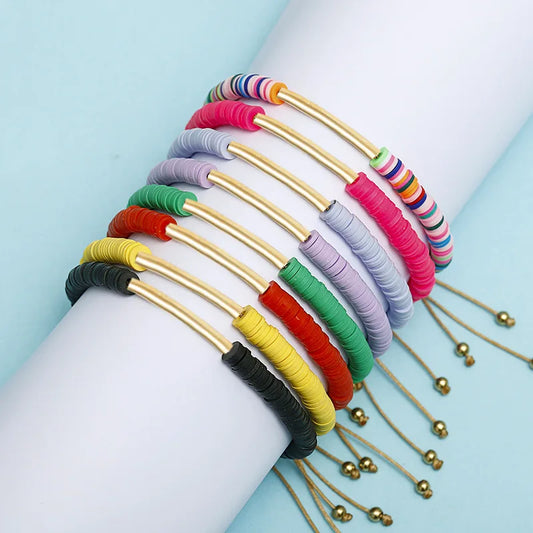WG 1pc Polymer Clay Beaded Bracelet Hand-Woven Colored Pottery Beaded Copper Tube Bracelet Beach Holiday Jewelry