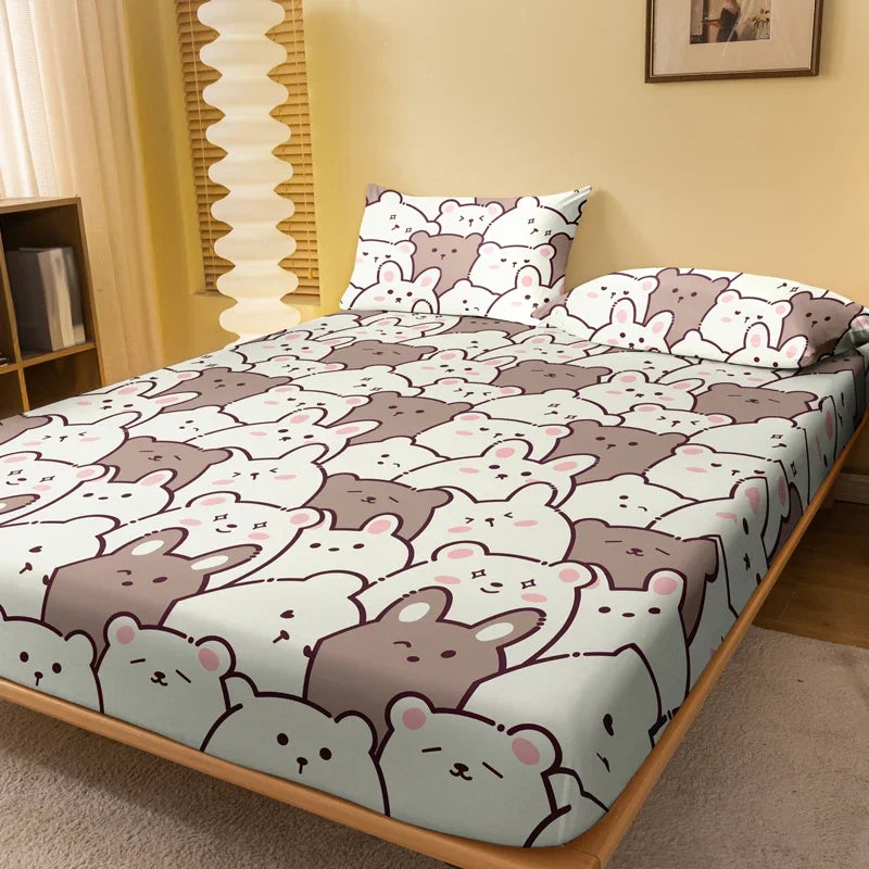 1 Cartoon Cute Teddy M-bear Printed Matte Fitted Sheet, Bedroom Printed Bed Cover, Bedding (Excluding Pillowcases)