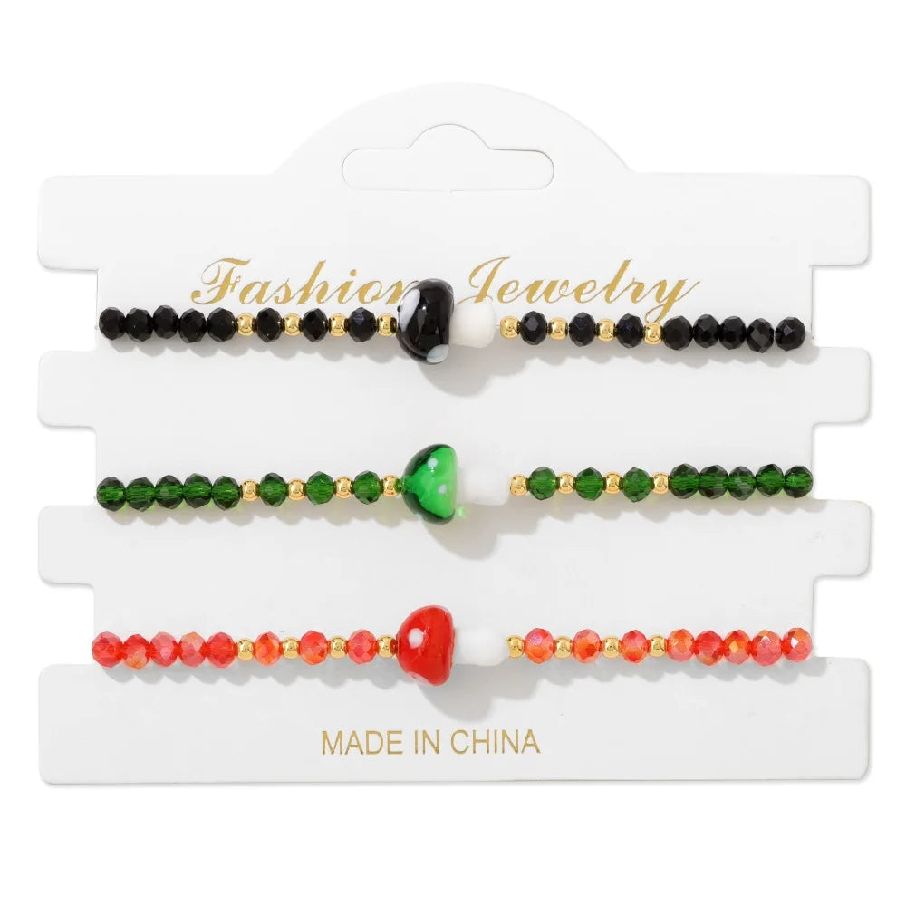 Tejesa 3pcs Handmade Crystal Glass Beads Bracelet Cute Mushroom Charm Bracelets for Women Girls Lucky Fashion Set Jewelry Gift 3x4mm