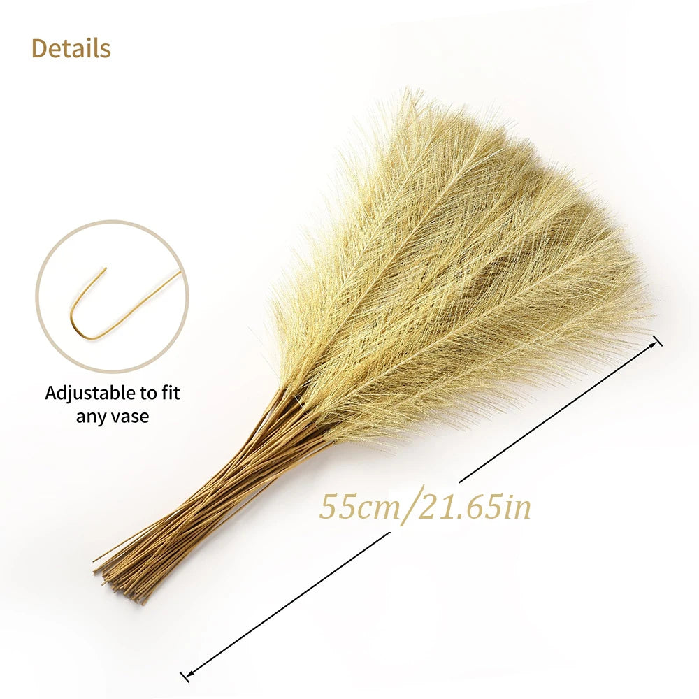 Tejesa 10Pcs 55cm Gold Colour  Fluffy Faux Pampas Grass Wall Decor Reed Vase Fillers Party Table Decorations Room Home Decor Artificial Pampas Grass