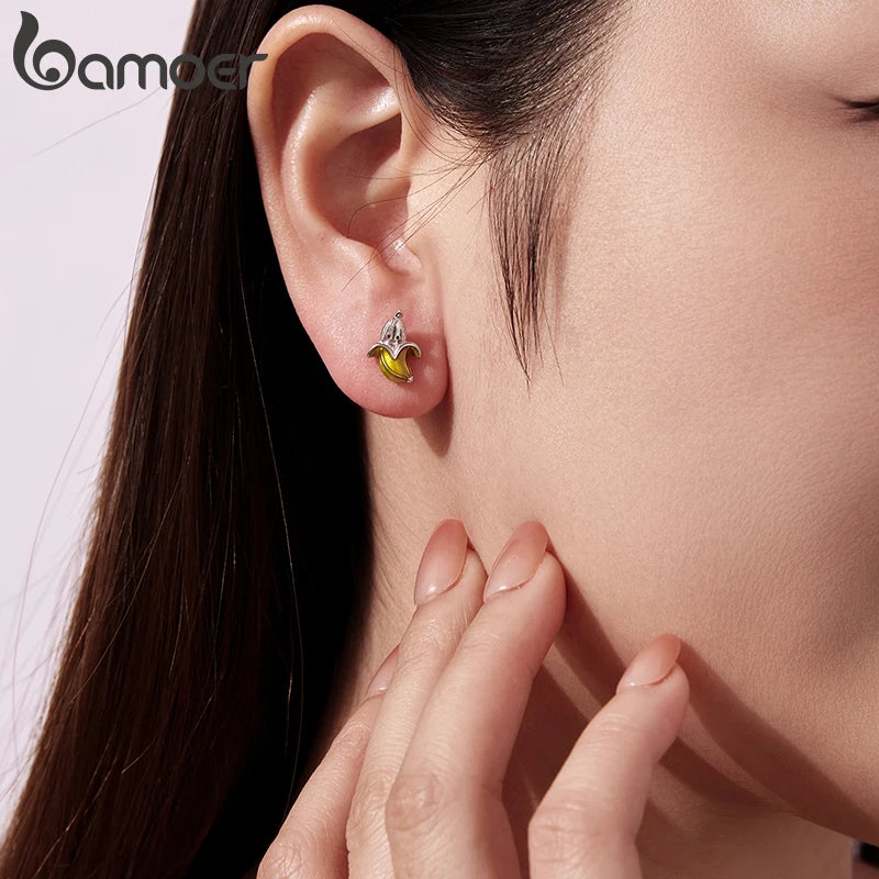 BAMOER 925 Sterling Silver Cute Banana Stud Earrings Enamel Yellow Fruit Earrings for Women Girls Funny Emotion Party Gifts