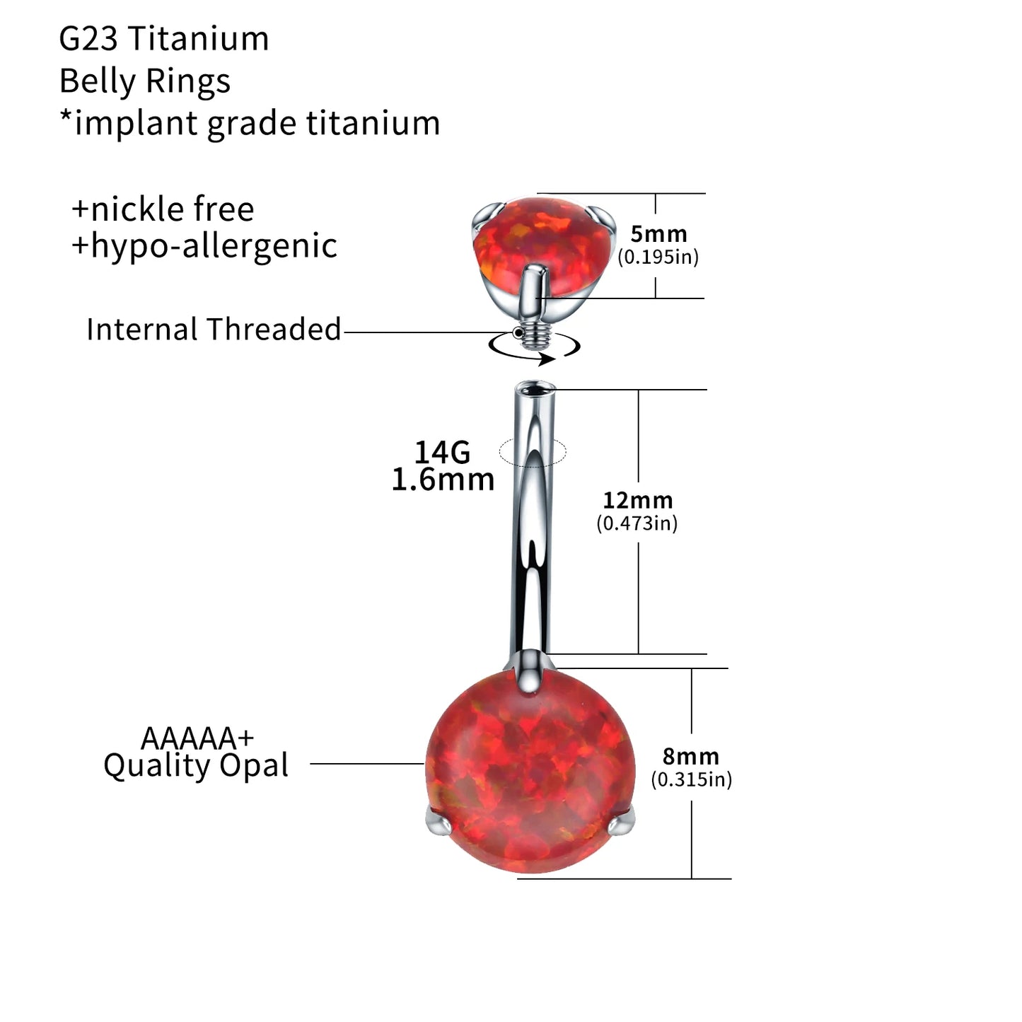 G23 Titanium Opal Zircon Belly Button Ring Round Cubic Bar Barbell Belly Drop Dangle Navel Piercing Men Women Body Jewelry
