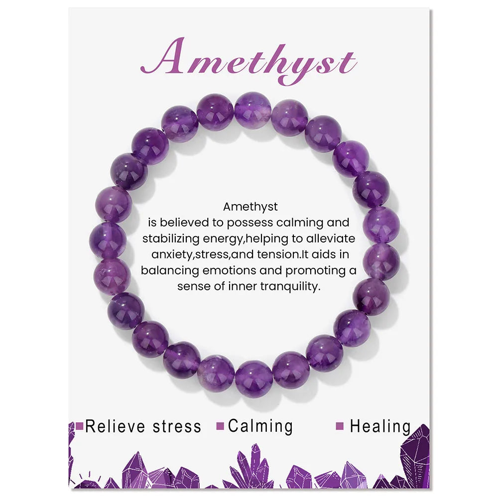 Heamsa 8mm Natural Stone Beads Bracelet  /Amethysts/ Lapis Lazuli/ Rose Pink Quartz's Crystal Stretch Bracelet With Card For Women Men Gift