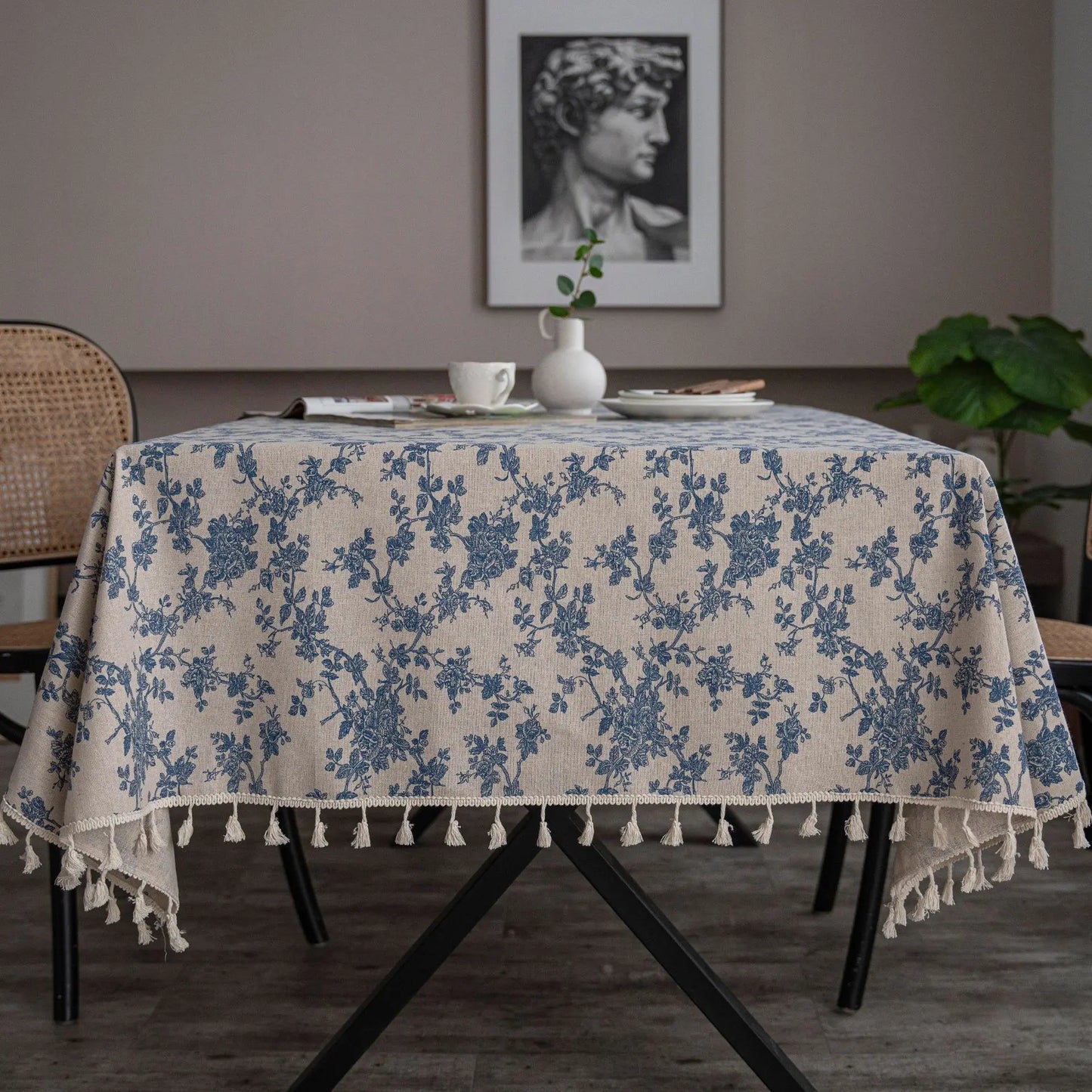 Tejesa Cotton and Linen Printed Dining Table Cloth, Tassel Tablecloth Household Coffee Table Dust Cover Cloth