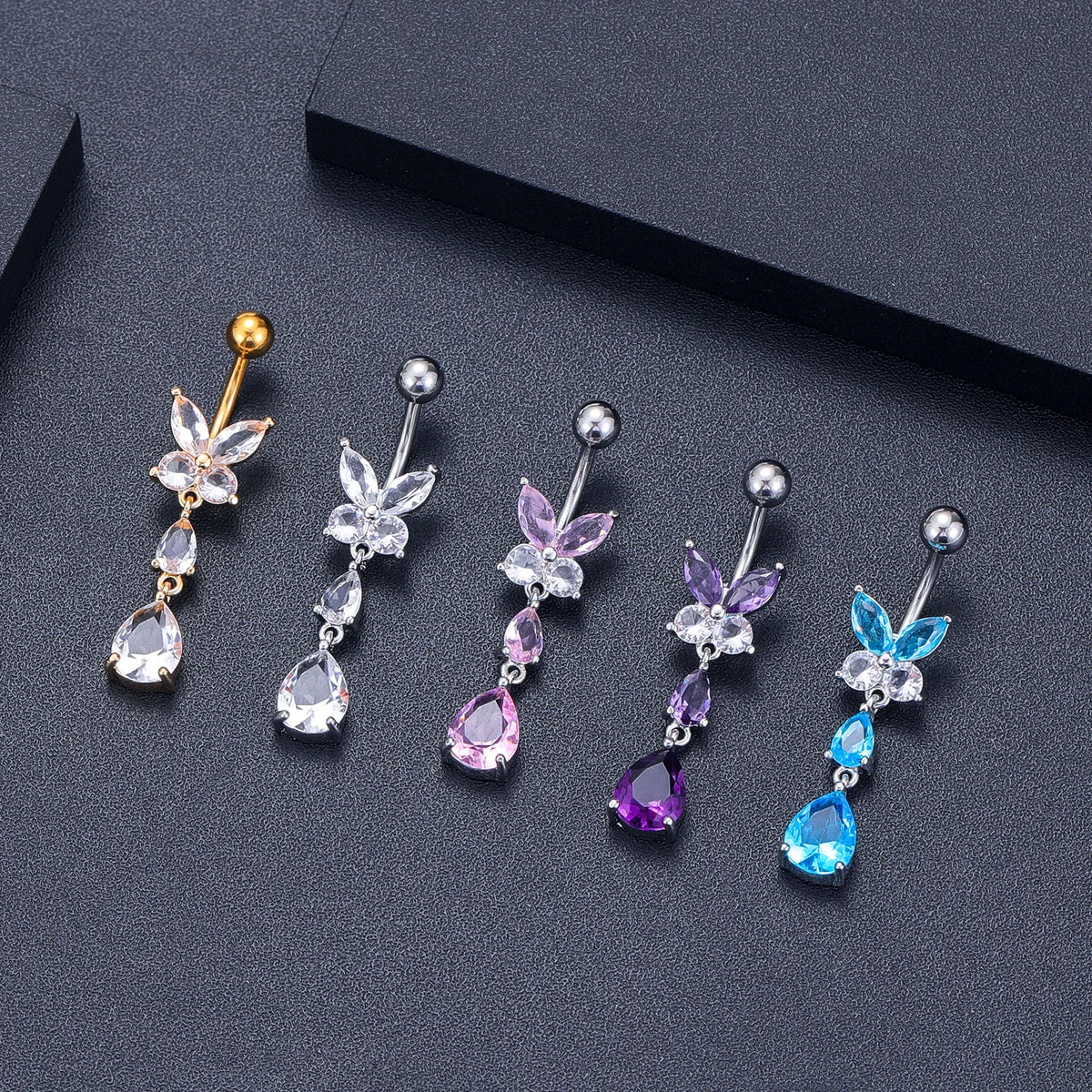 1pc Dragon Butterfly Flower Heart Belly Button Rings Blue Pink Crystals Zircon Dangled Navel Belly Piercing Nombril for Women