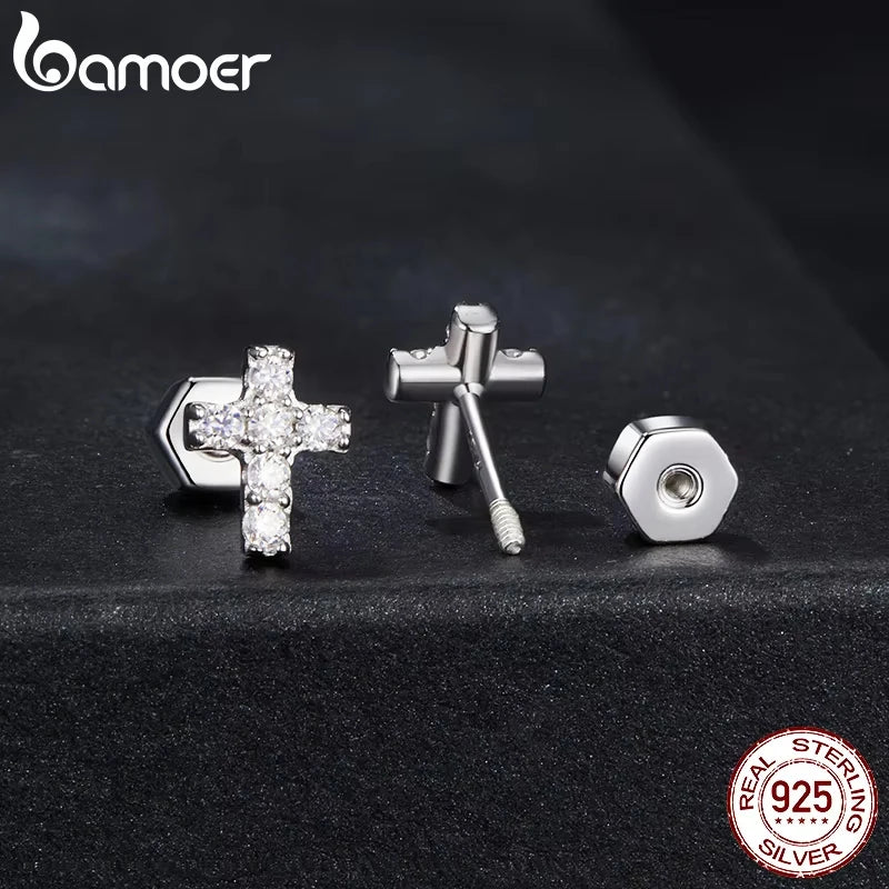 BAMOER White Gold Plated Moissanite Cross Earrings for Women, 925 Sterling Silver Small Religious Faith Cross Studs Huggies