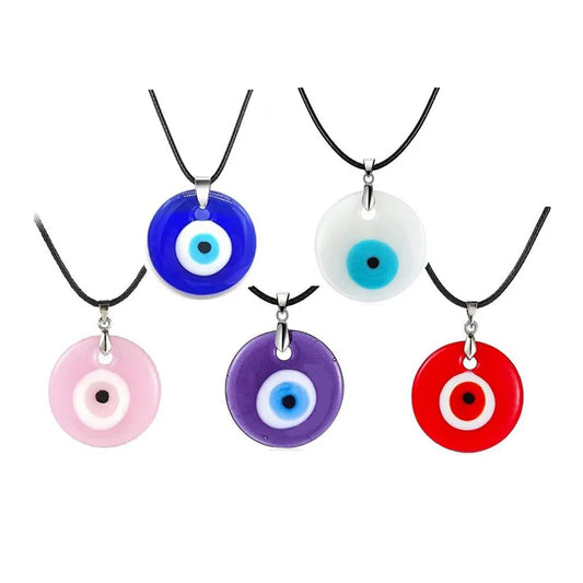 Evil Eye Necklace 30mm 40mm Turkish Round Red Pink Blue White Glass Eyes Lucky Pendant Leather Rope Necklace Unisex Jewelry Gift