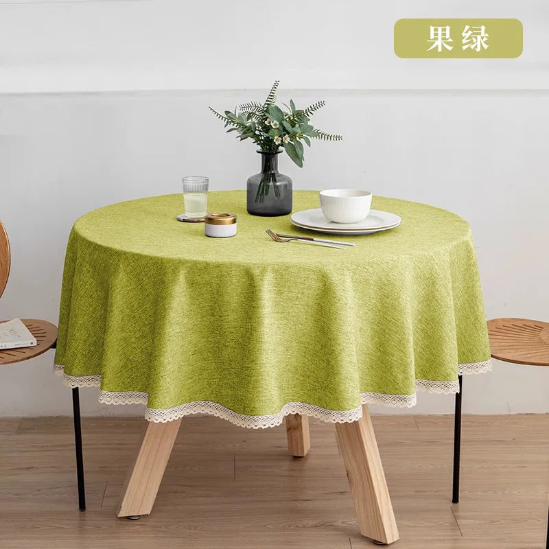 New Large Round Tablecloth Solid Color Cotton Linen Waterproof Table Cloth Oil-Proof Table Cover for Kitchen Garden Restaurant