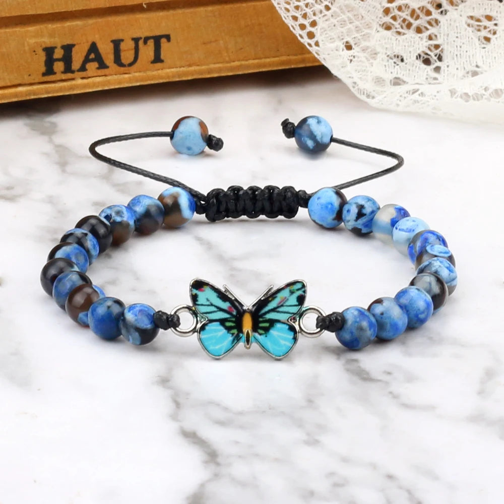 Men Bohemian Blue Butterfly Bracelet Handmade Women Natural Stone Agate Black Lava Beads Bracelets Bangles Fashion Wrist Jewelry