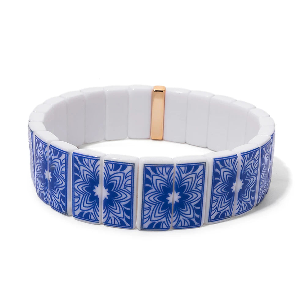 8x16mm Plastc Chinese Blue and White Porcelain Texture Beaded Bracelets For Women Handmade Spring Hand Accessory