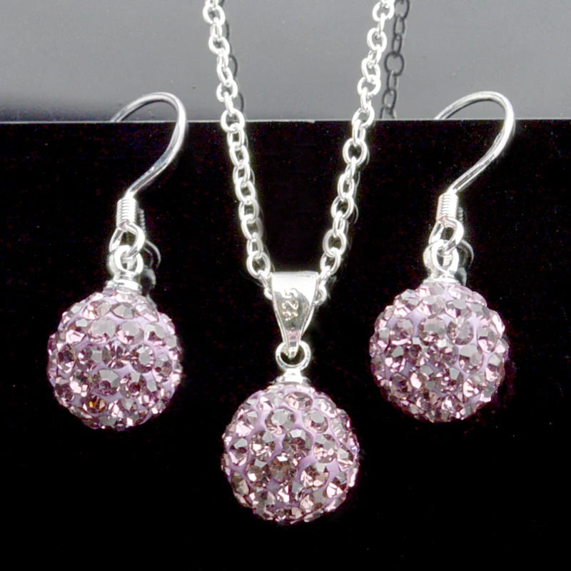 Brand Female Jewelry Set Women's Fashion Ab White Crystal 10mm Ball Drop Earrings Necklace Pendant Set Silver Color Wholesale