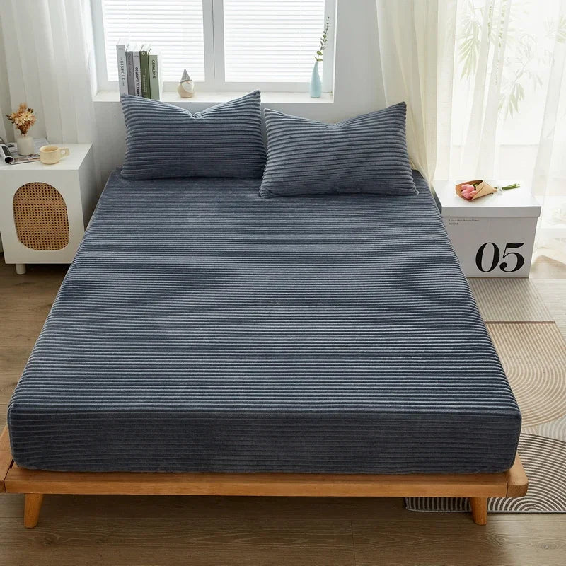 Grey Winter Warm Coral Fleece Fitted Sheet Elastic Mattress Cover Fluffy Plush King Size Bedding Home Textiles
