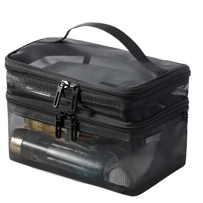 Hemasa Double Layer Mesh Cosmetic Bag  for Women/ Portable Make Up Case Big Capacity Travel Zipper Makeup Organizer Toiletry Storage Box