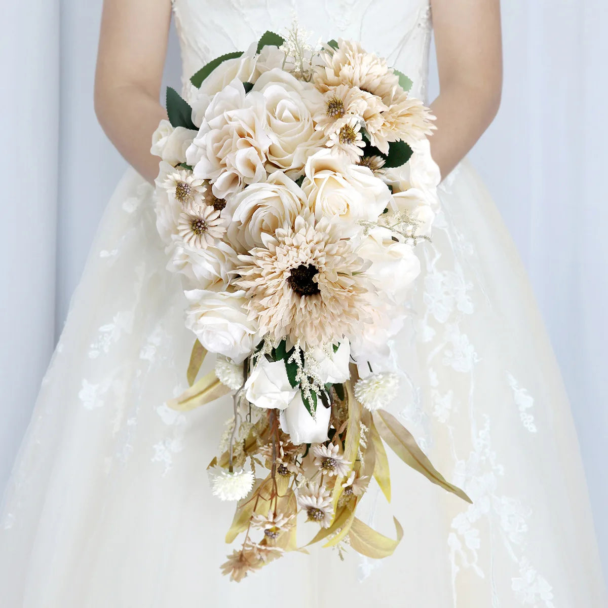 Tejesa Autumn Wedding Bouquet Vintage Terracotta Orange Sunflower Rose Bridal Cascading Bouquets for Fall Wedding Ceremony