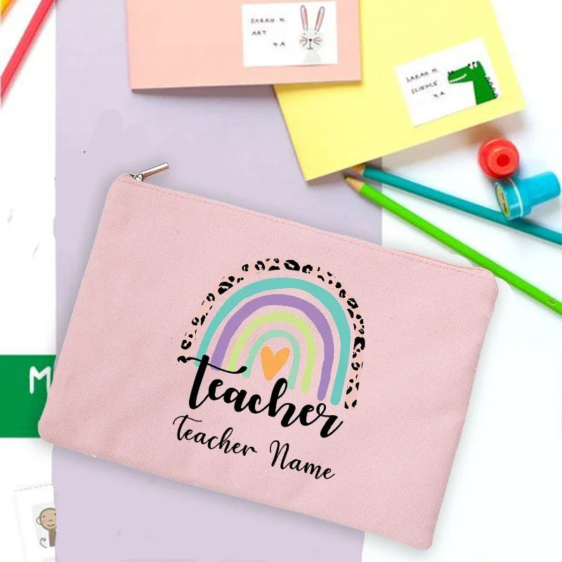 Rainbow Teacher Print Custom Name Personalized Supplies Storage Bags Travel Wash Pouch Makeup Bag Gifts Stationery Pencil Case