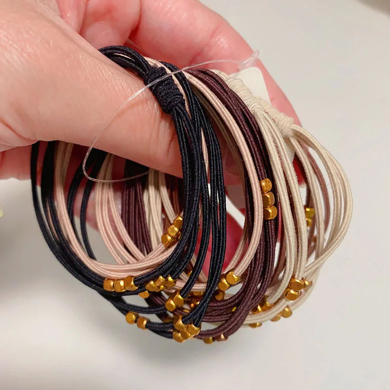 Tejesa 10PCS Korean Women Elastic Hair Rubber Bands  for Girs /Golden Plated Beads Hair Scruchies Hair Tie/Holder
