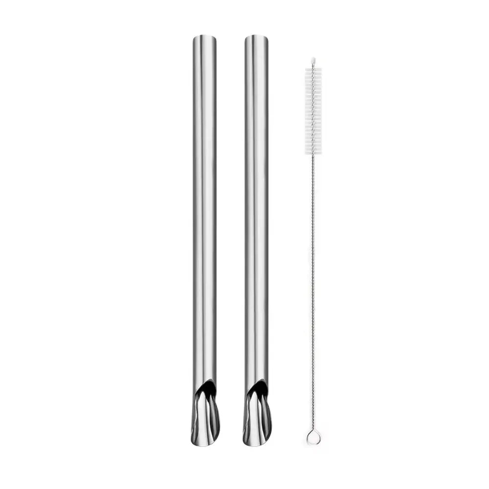 Hemasa 2Pcs  Stainless Steel Reusable Spoon Drinking Straw  Stirring Spoon with Brush Set