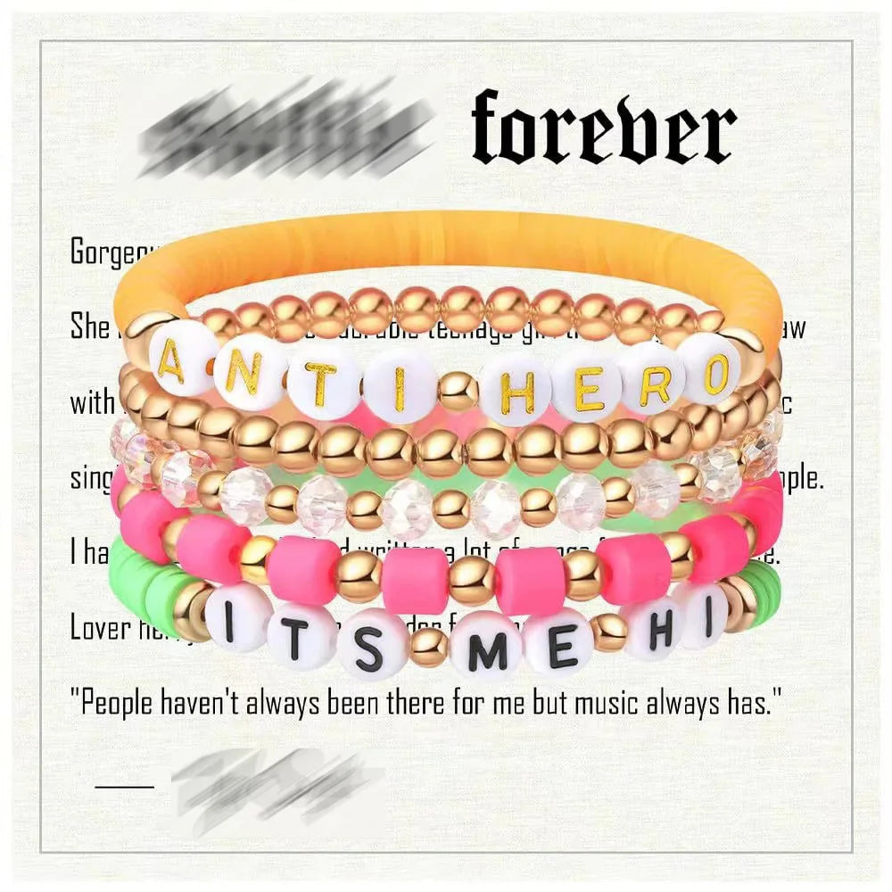 Heamsa 5Pcs Two Color Card Polymer Clay Beaded Bracelets Lover Outfit Friendship Music Gifts Fans Accessories