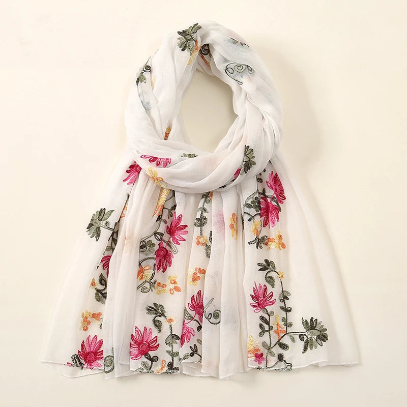 Plain Flower Embroidery Hijab Scarf Viscose Muslim Hijab Shawls Women Soft Long Towel Wraps Elegant Casual Heabscarf Turban