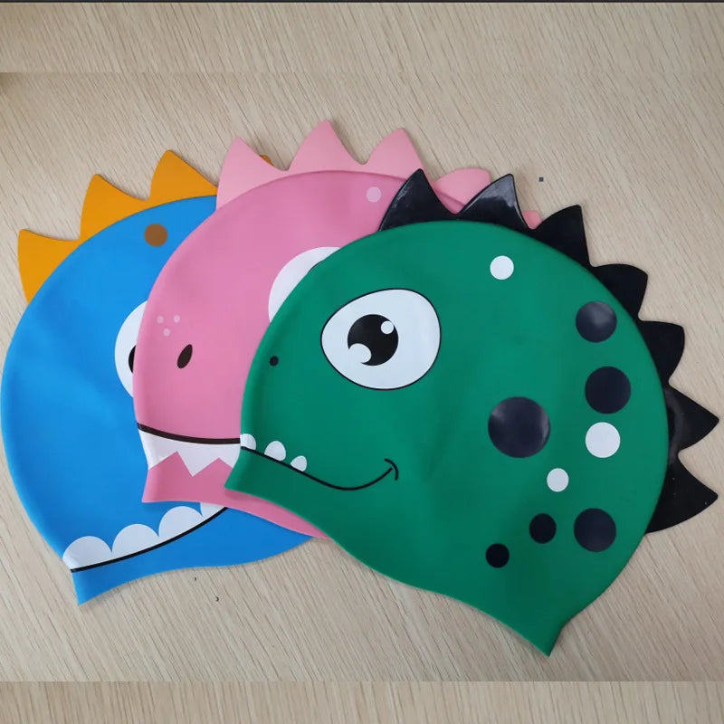 Hemasa Cartoon Silicone Swimming Cap /Waterproof Dinosaur Long Hair Sports Swim Pool Hat  Adults & Children Elastic Swimming Cap