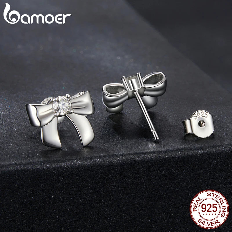 BAMOER Solid 925 Sterling Silver Bow Moissanite Stud Earrings for Women Teens Small Ribbon Stud Earrings Bowknot MSE085