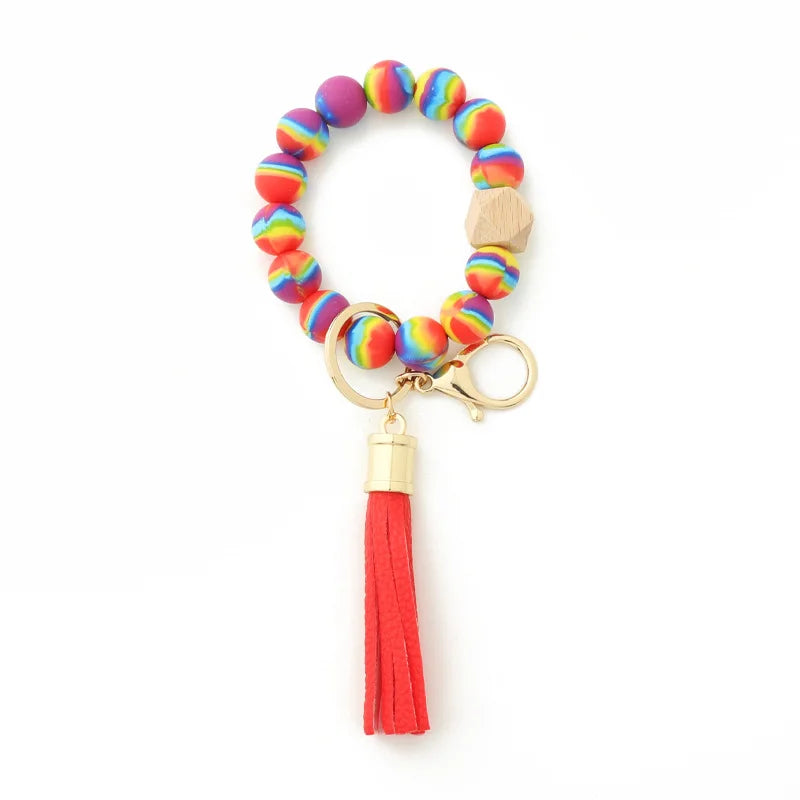 Silicone Keychain For Keys Tassel Wood Beads Bracelet Keyring For Women Multicolor Beads Keychain Fashion Keychain Wholesale