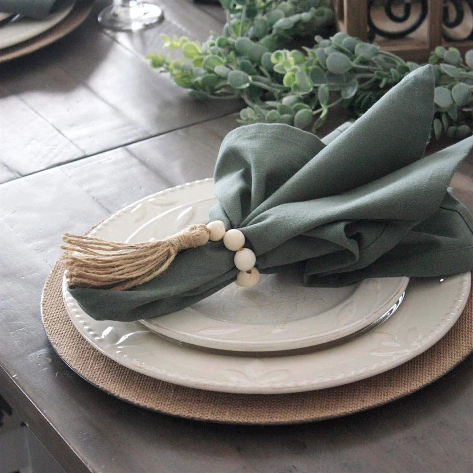 Hemasa 6 PCS Wooden Beads Napkin Rings /Handmade Jute Tassel Rope Holder For Family