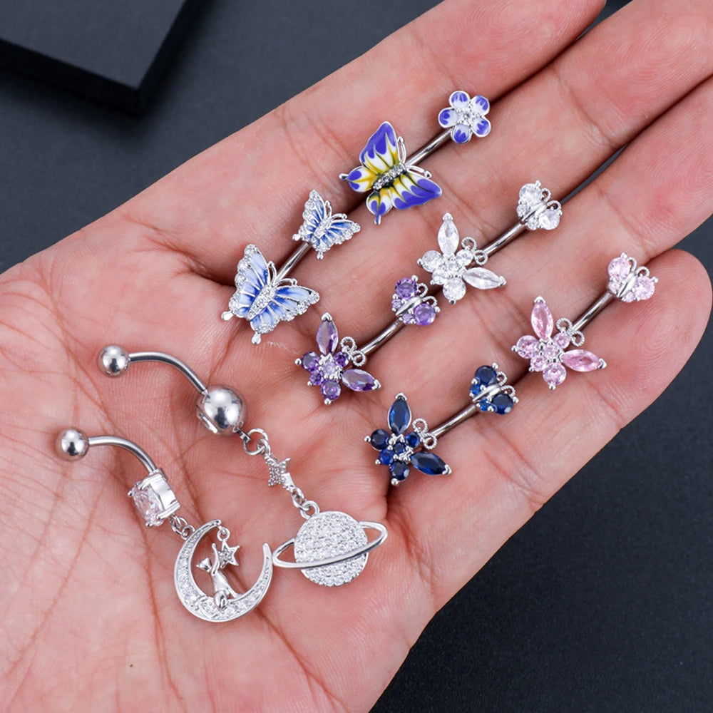 Surgical Steel Cute Butterfly Belly Button Rings Fashion Crystal CZs Dangled Navel Piercing Ombligo Women Body Jewelry 1.6*10mm