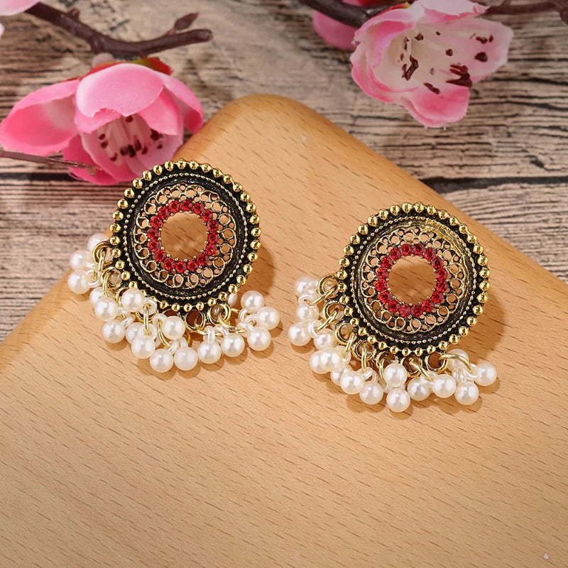 Hemasa Gold Color Alloy Indian Earrings Egypt Jewelry Ethnic Women's Pearls Tassel Round Hollow Jhumka Earring Oorbellen