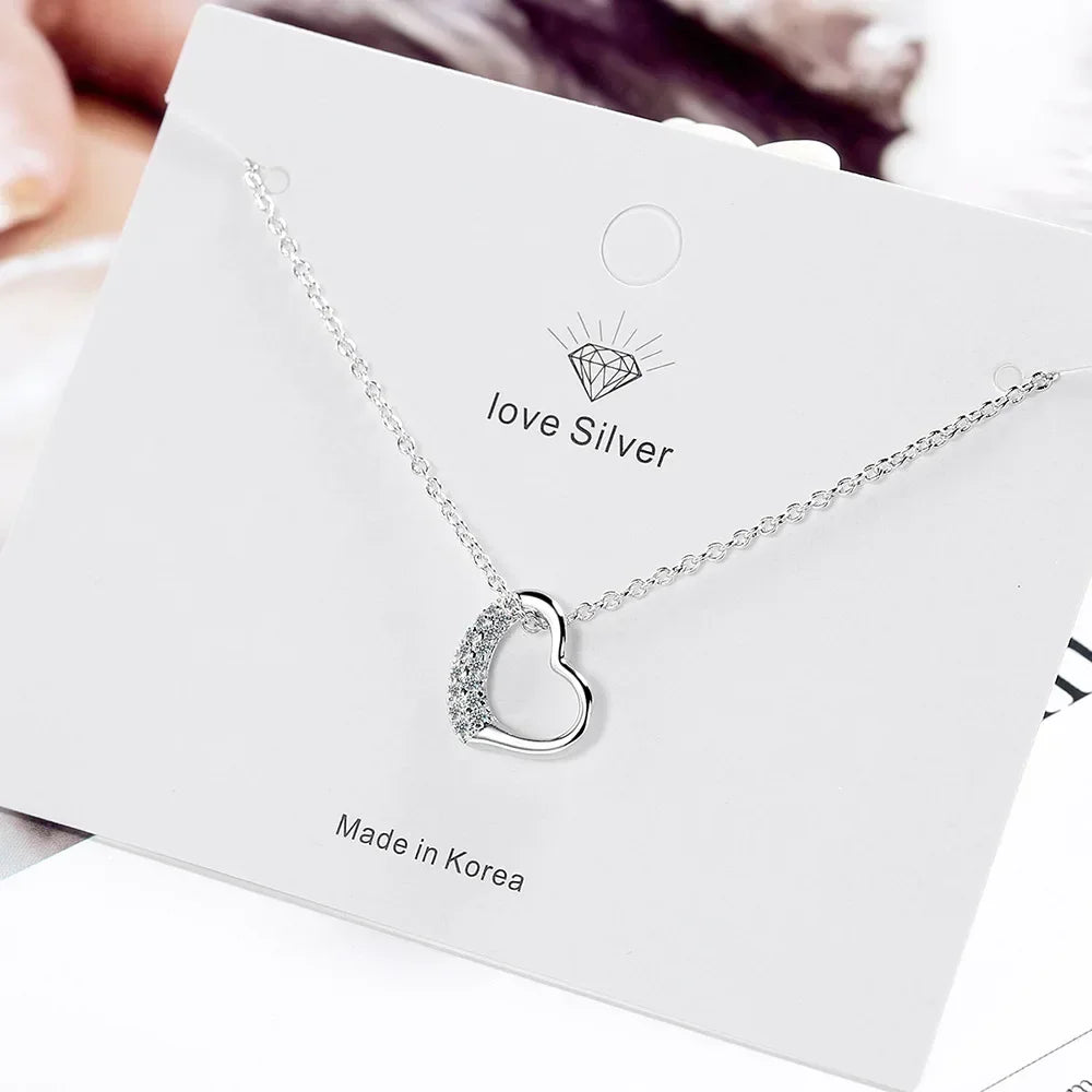 Heamsa 925 Sterling Silver  Love Diamond Zircon Pendant Women's  Chain Necklace (40cm +3.5cm)