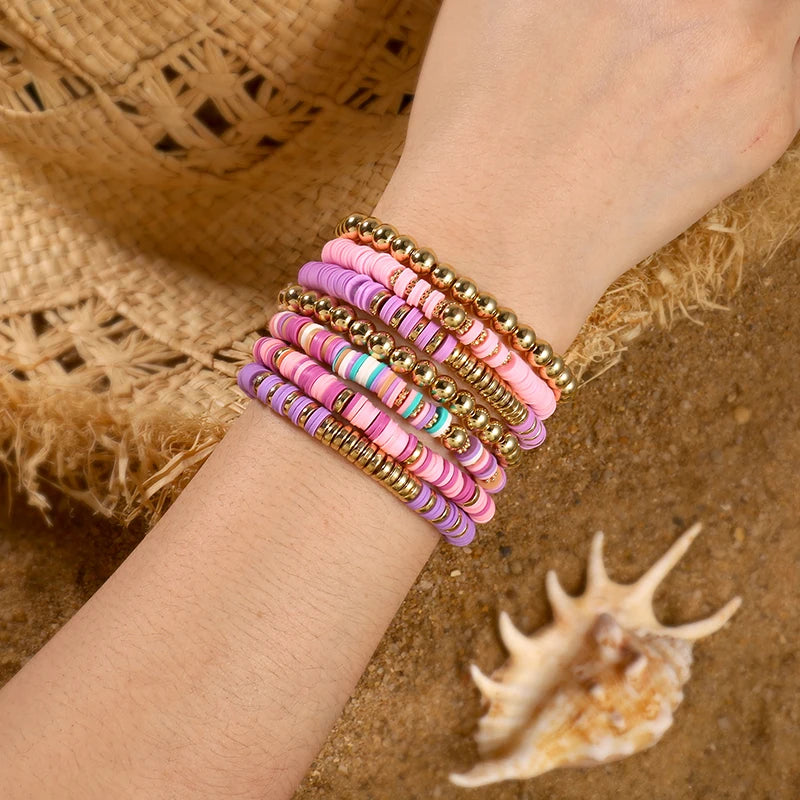 Hemasa 7Pcs/Set Multicolor Polymer Clay Beaded Stretch Bracelet for Women