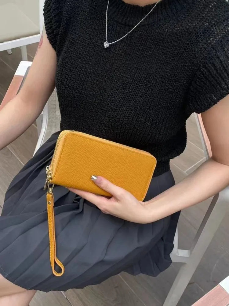 Hemasa Leather Womens Wallet Cow Leather Double Zip Clutch Bag Business Casual Long Purse Female Multi Card Holder Wallet