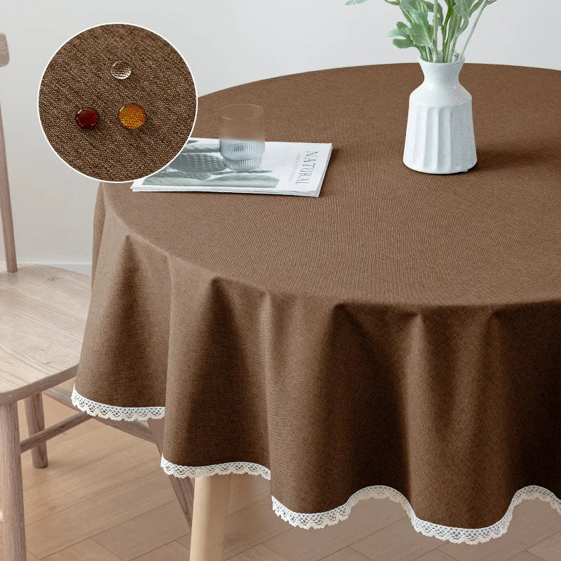 New Large Round Tablecloth Solid Color Cotton Linen Waterproof Table Cloth Oil-Proof Table Cover for Kitchen Garden Restaurant