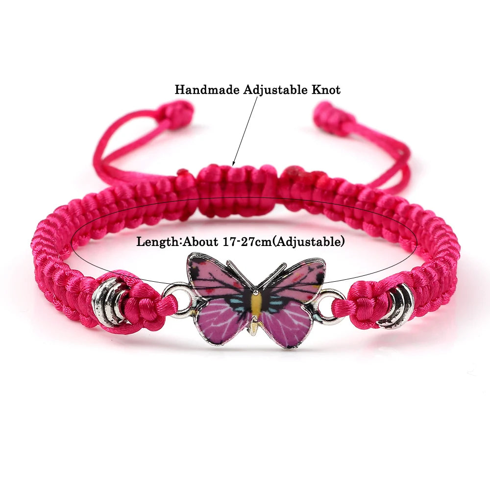 Women Pink Butterfly Pendant Bracelets Female Black White String Rope Braided Bracelet Bracelet Handmade Adjustable Jewelry Gift