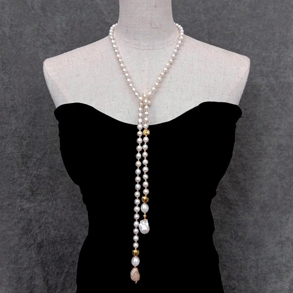 YYGEM White reborn Keshi Pearl  connector  8-9mm near round Freshwater pearl 40" Long  Necklace