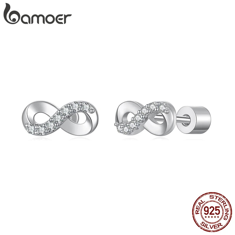 BAMOER White Gold Plated Moissanite Infinite Love Earrings for Women, 925 Sterling Silver Elegant Studs Huggies Christmas Gift